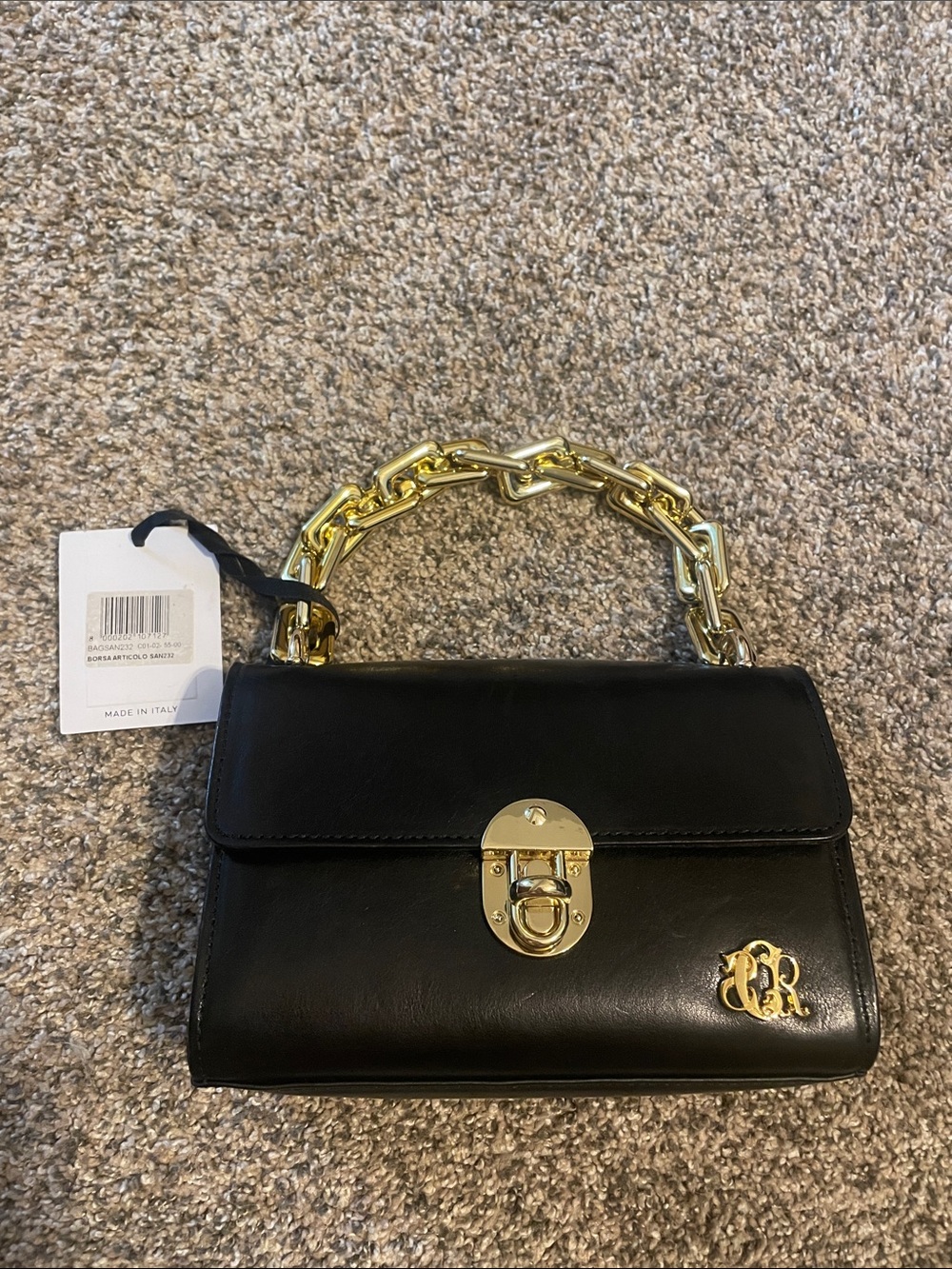 NWT Borsa San232 Black Leather Satchel with Gold Chain Handle and Hardware
